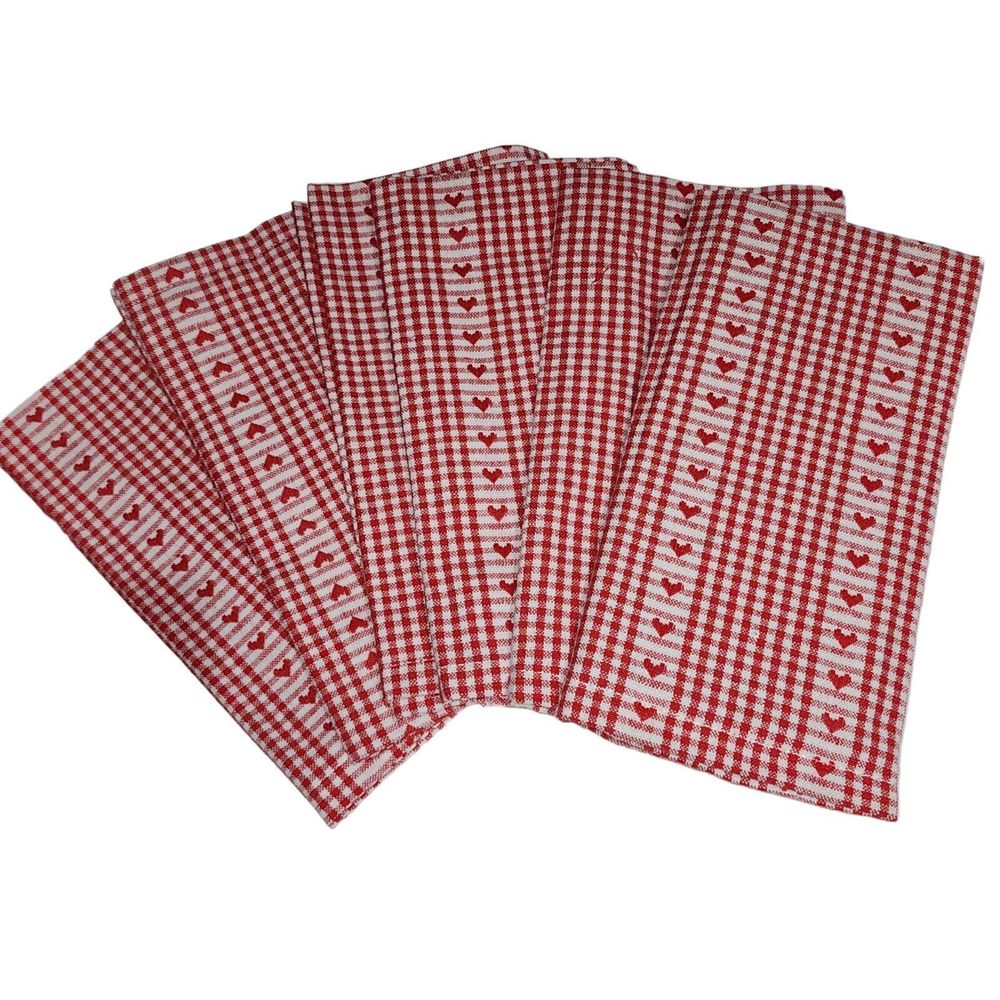 Rachel Ashwell 6pc Red‎ and White Checkered Napkin Set Embroidered Hearts NEW